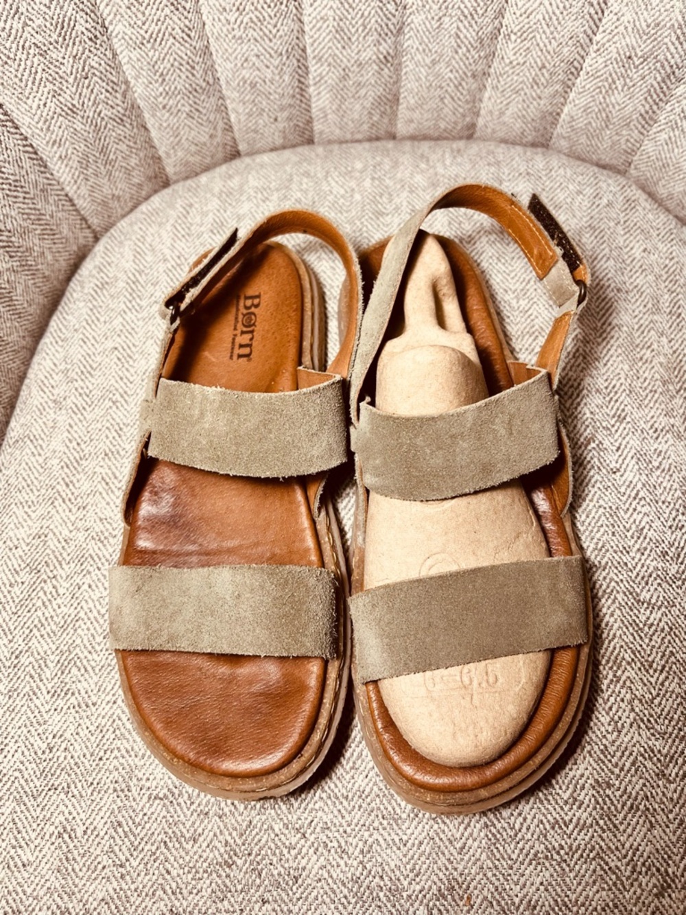 Born Taupe Suede and Brown Leather Dual-Strap Sandals